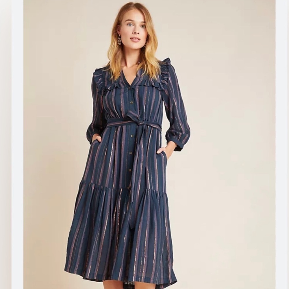 Anthropologie Midnight Ruffled Collared Midi Dress Navy Blue Metallic SZ Medium